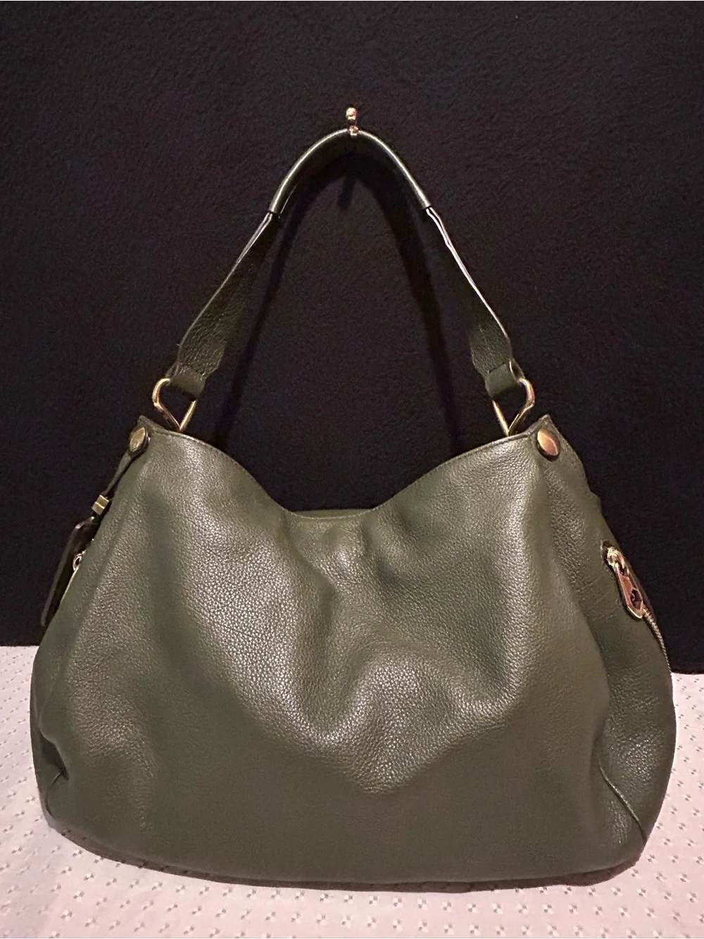 orYANY Olive Green Pebbled Leather Hobo Shoulder Bag.